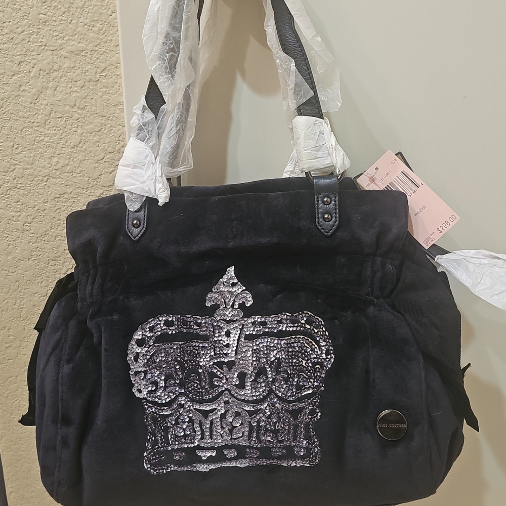 Juicy Couture Black Velvet Shoulder Bag with Silver Crown